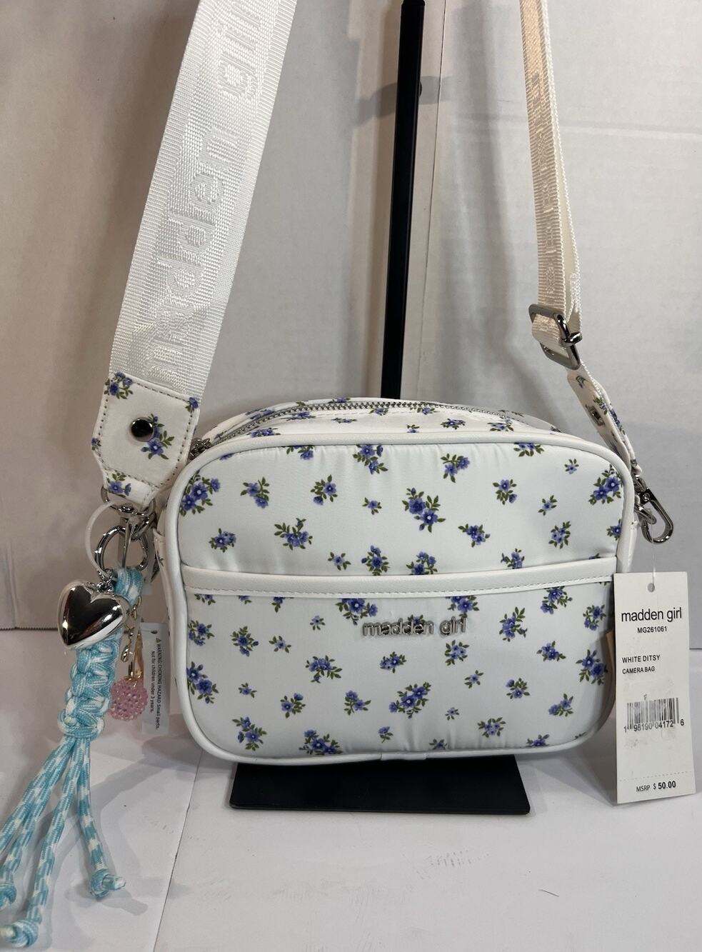 Madden Girl White Ditsy Floral Camera Crossbody Bag Charms NWT